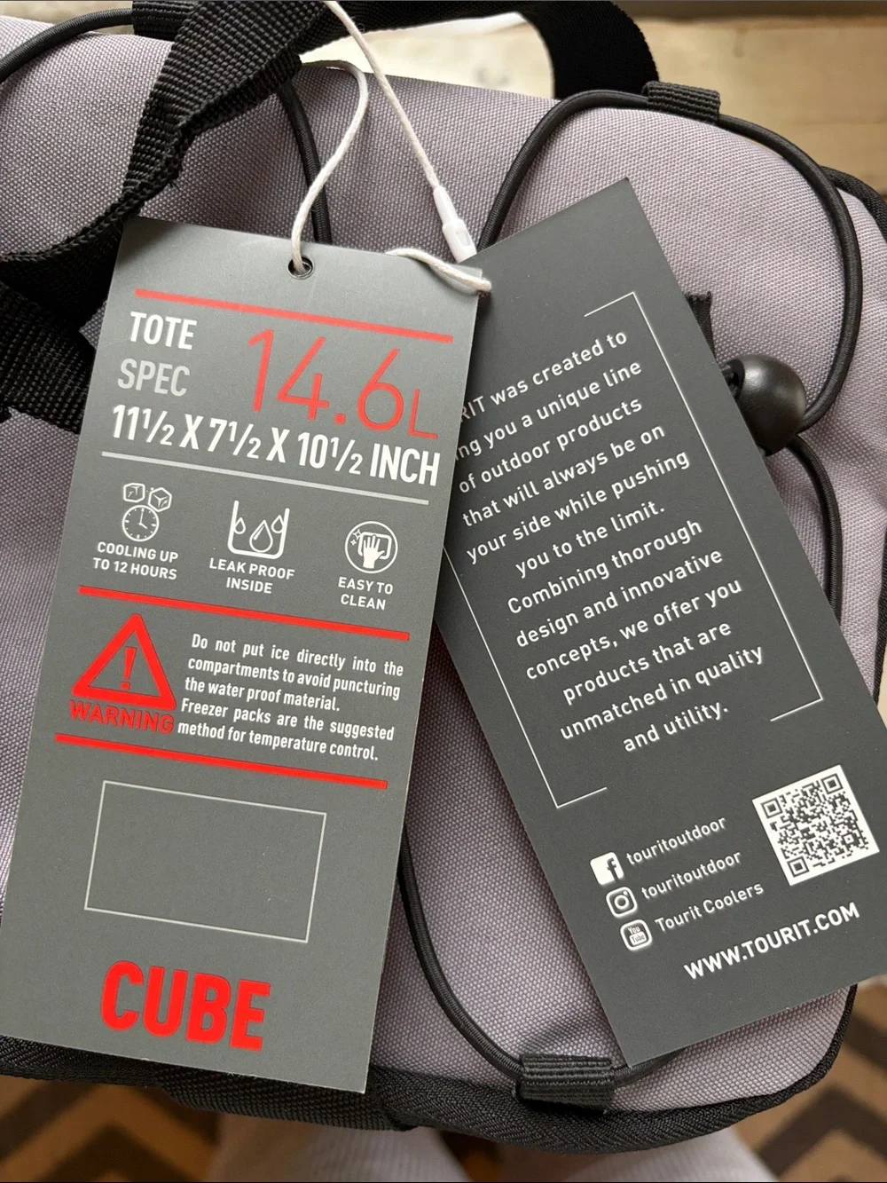 NWT Tourit Gray Cooler Lunch / Beer Carry travel Bag with  and 2 Freezer packs